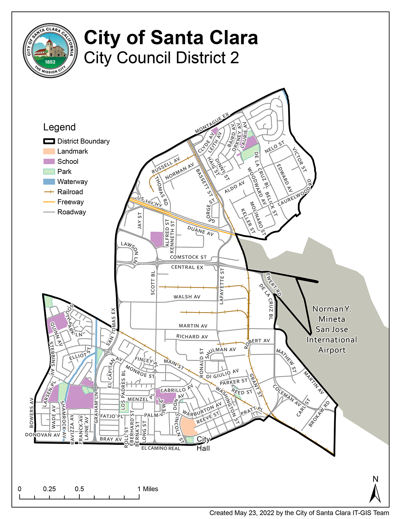 Mapa del Distrito 2 del Concejo Municipal de la Ciudad de Santa Clara, que muestra los límites del distrito, las calles, escuelas, parques y puntos de referencia, incluida la Alcaldía y el área cercana al Aeropuerto Internacional Norman Y. Mineta de San José.